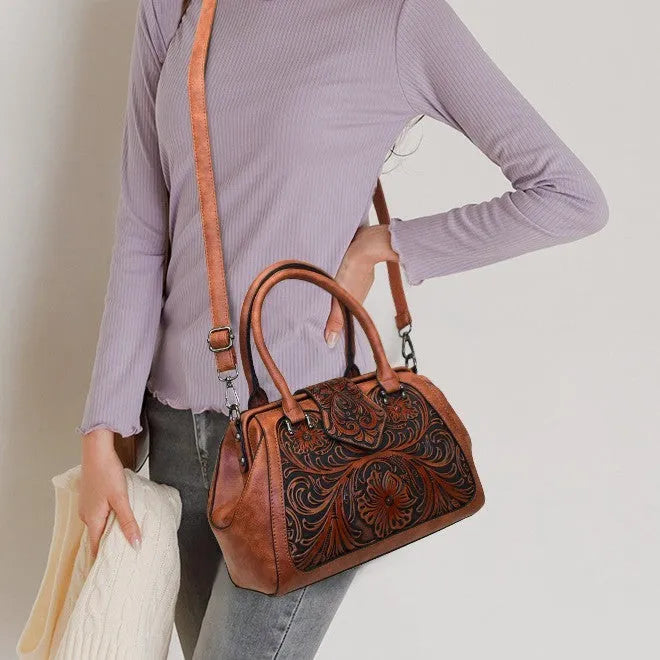 Handmade carved one-shoulder women's PU leather bag in beige with retro embossed pattern and pillow shape