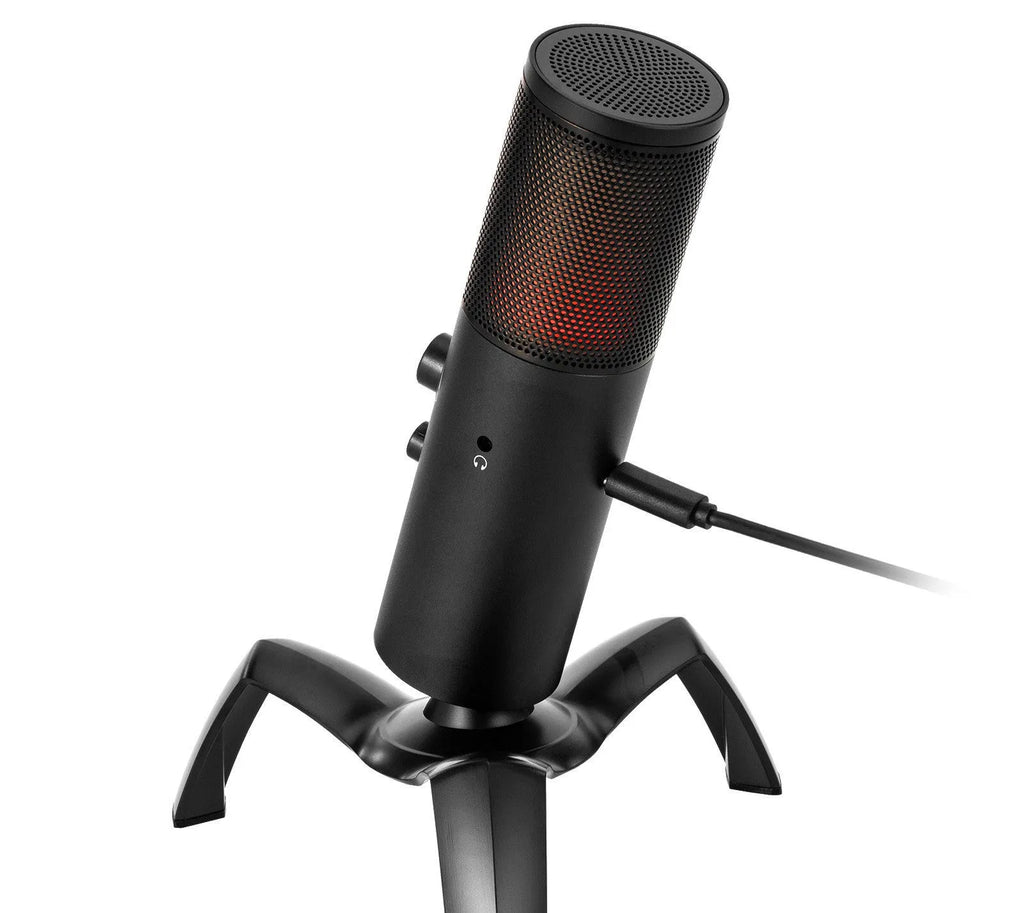 Black Q18 USB condenser microphone with RGB light on adjustable tripod stand.