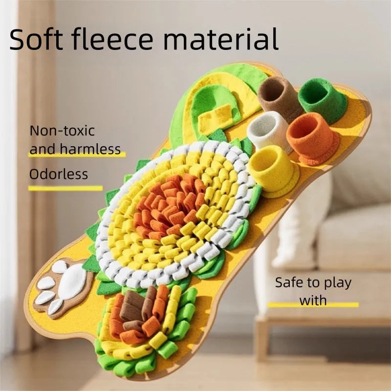 Sunflower design snuffle mat for dogs with hiding pockets and paw-shaped detail on a non-slip base