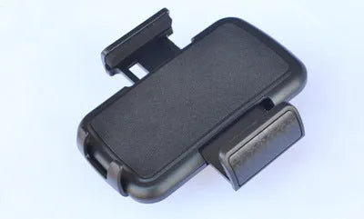 Black car phone holder inserted in CD port with adjustable clamp holding a smartphone horizontally for GPS navigation