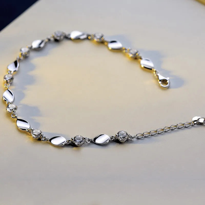 Diamond-encrusted 925 sterling silver bracelet with AAA+ zircon stones, bright white and silver, adjustable chain tail