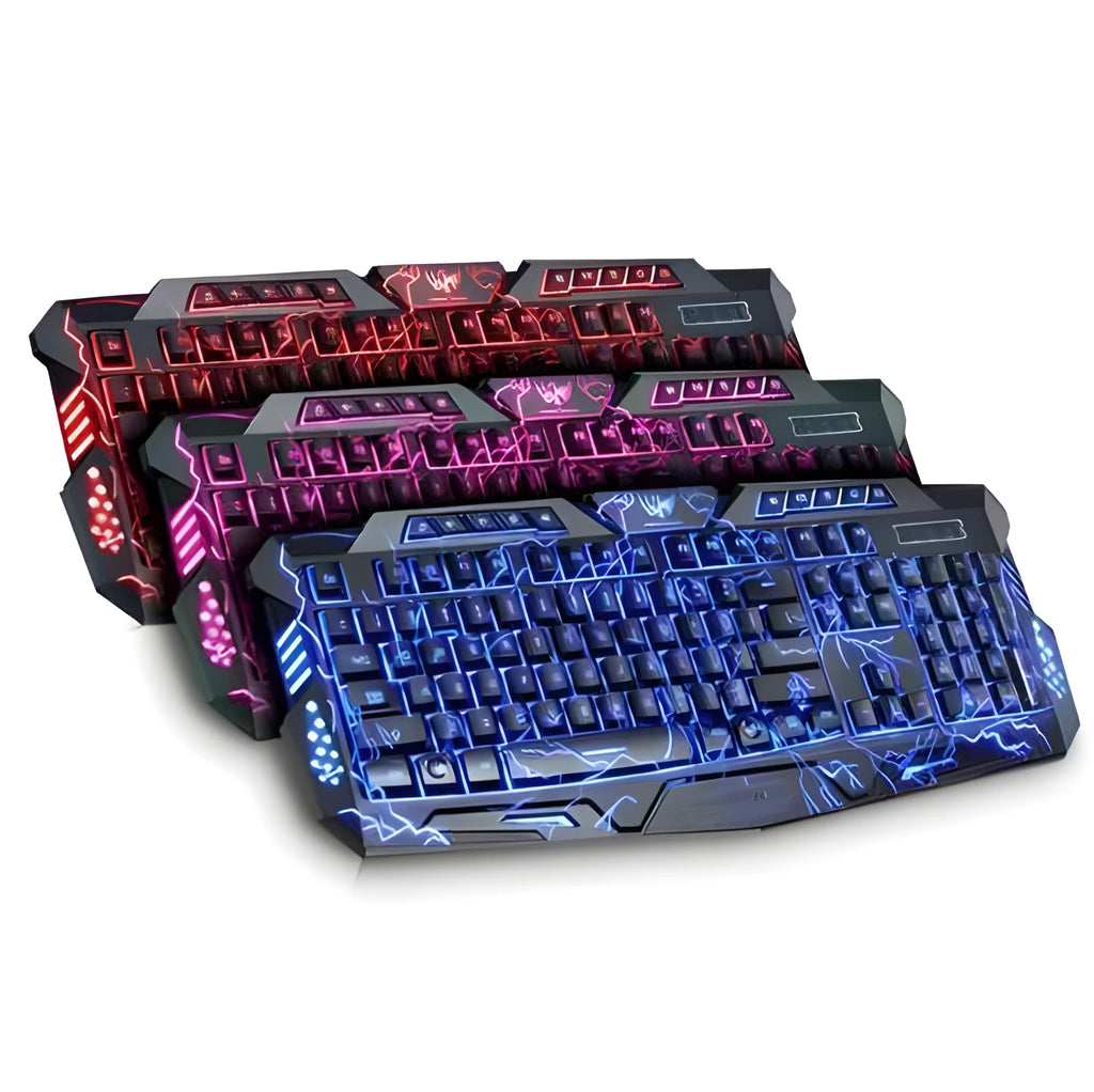 Black USB wired gaming keyboard with blue, purple, and red LED backlight, 19-key anti-ghosting, and ergonomic S-shaped design.