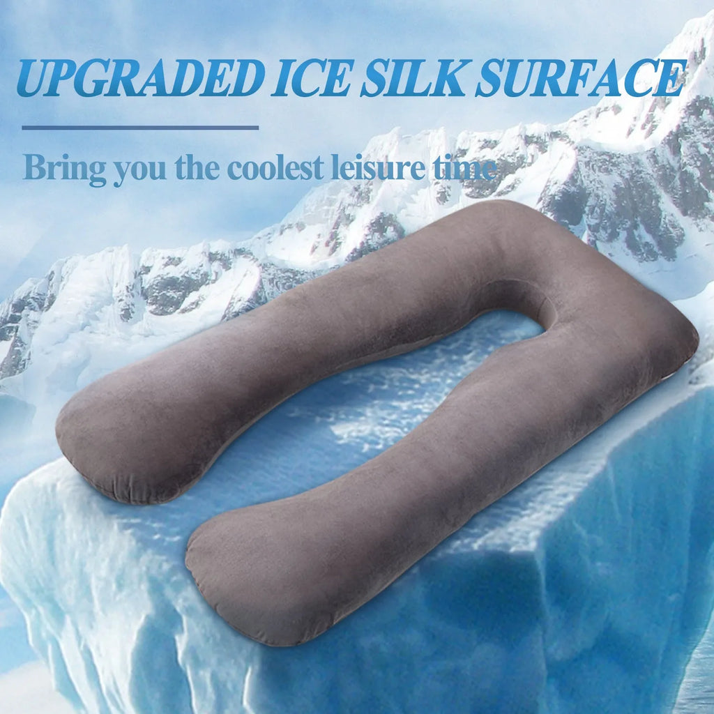 U-shaped pregnancy pillow in ice silk fabric shown in light blue colour, demonstrating its supportive shape.