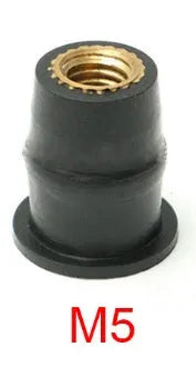 Ten black rubber brass expansion nuts for motorcycle windshield mounting in M4, M5, and M6 sizes.