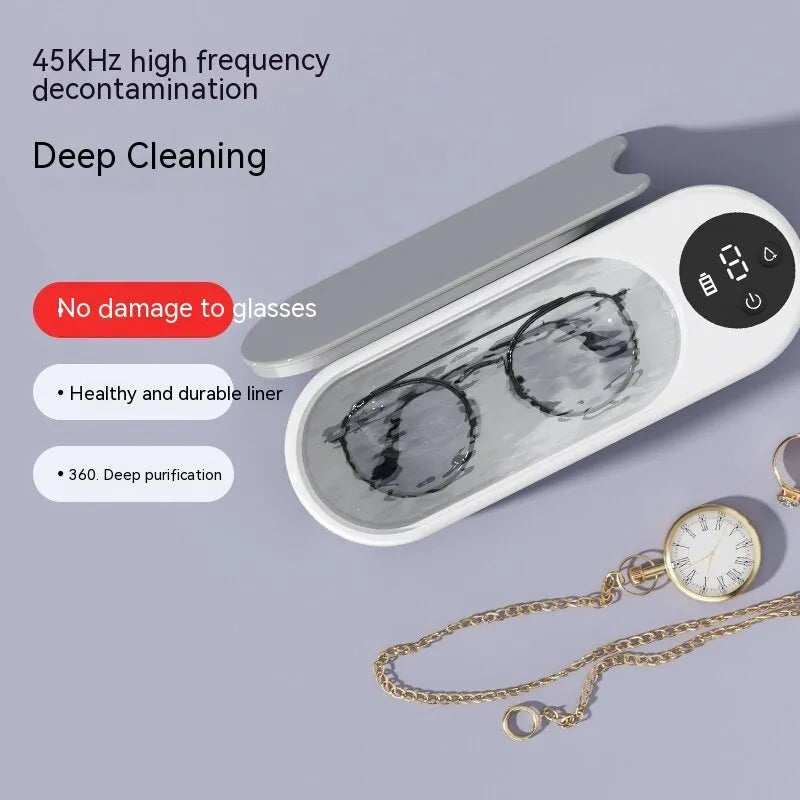 White ultrasonic glasses cleaning machine with display, USB port, and 200g weight