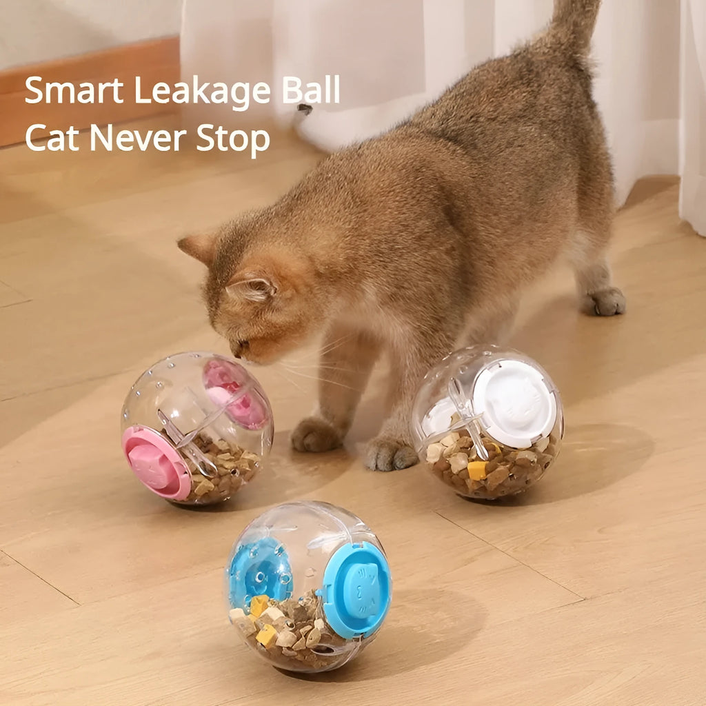 Blue ABS plastic cat slow feeder ball toy with visible treat holes on a white background.