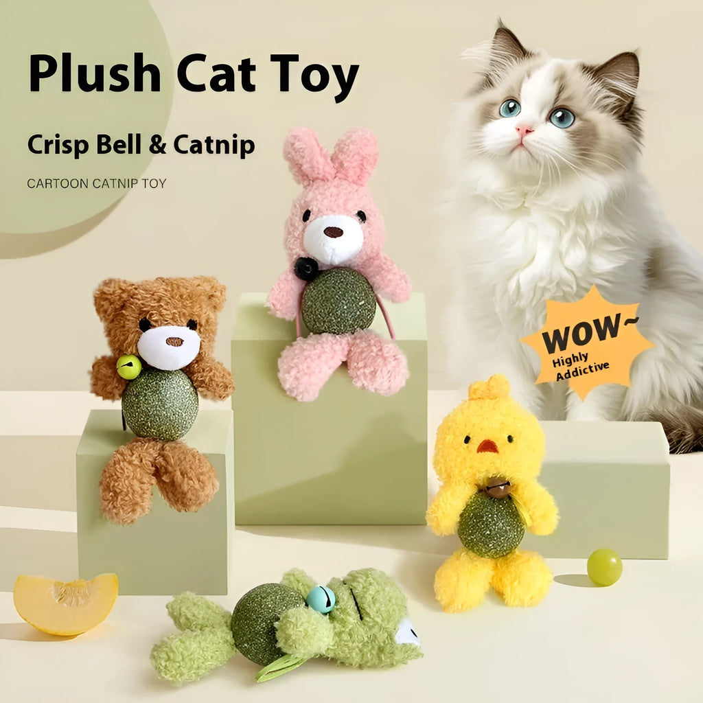 Plush cat toy shaped like an animal with a bell, containing a mint ball for chewing.