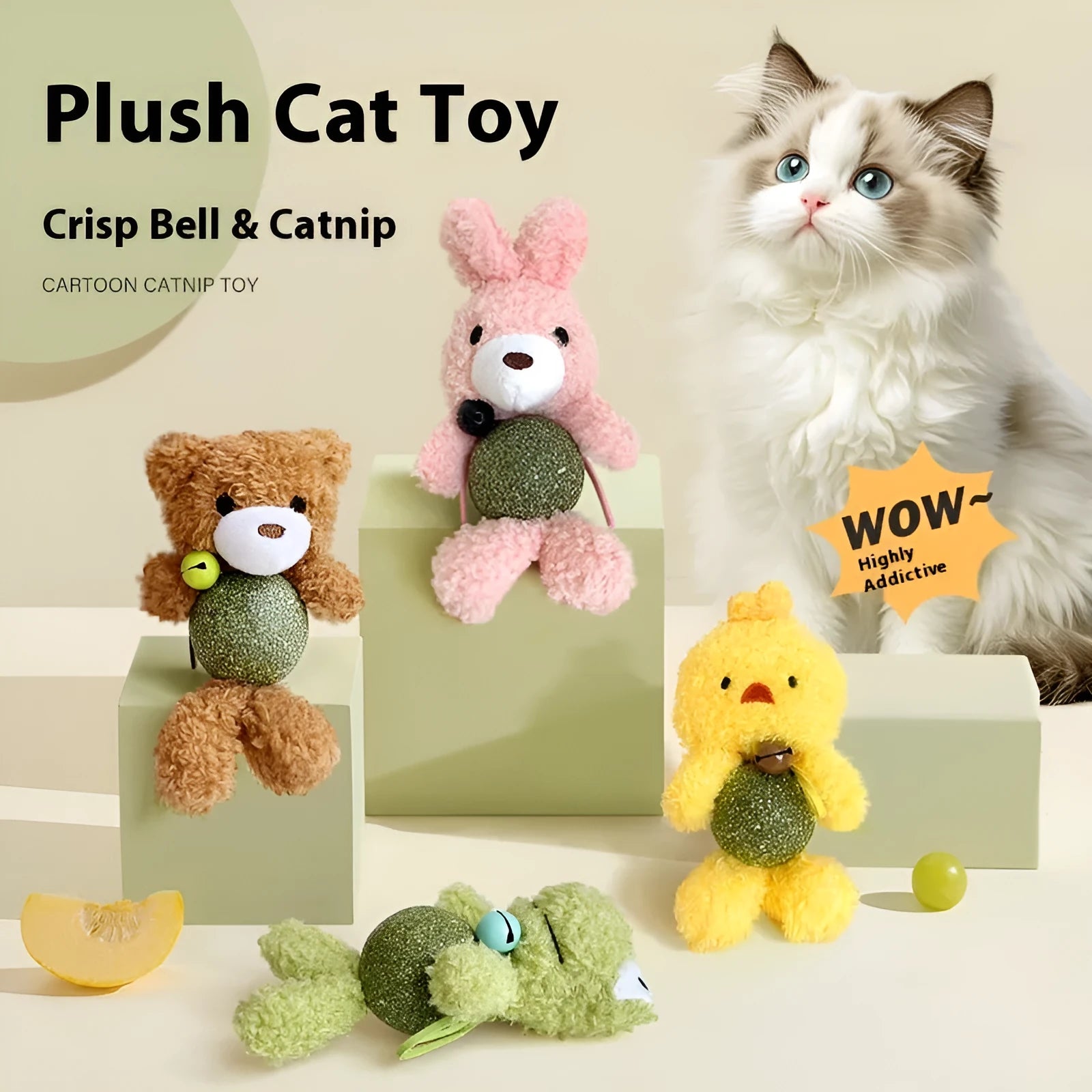 Plush catnip toy shaped as a small animal doll with a bell, shown in various colours including brown bear and green frog.
