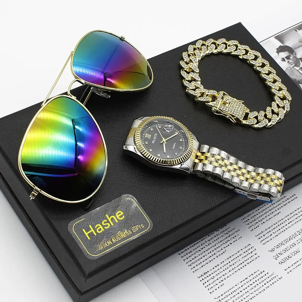 Men's steel bracelet watch with gold accents and matching sunglasses in gift box set