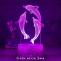 3D dolphin LED night light with acrylic board and ABS base, black or crackle, touch and remote control, USB powered.