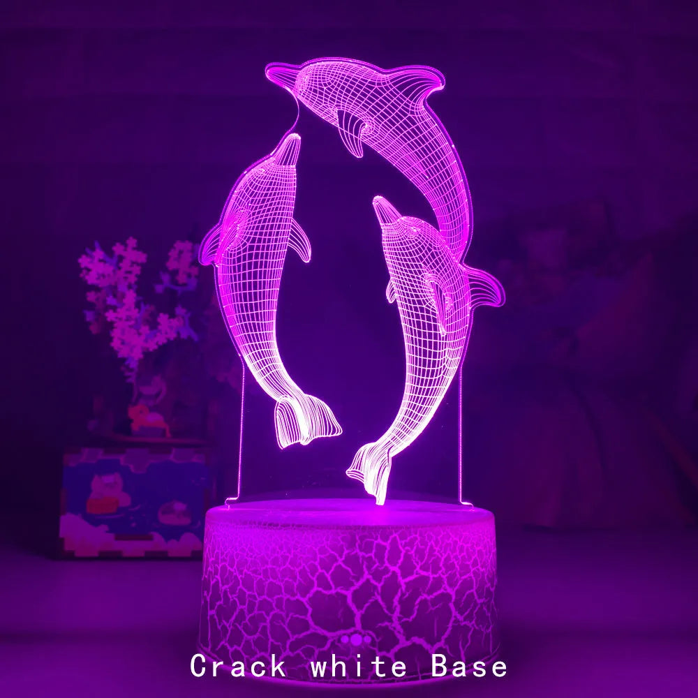 3D dolphin LED night light with acrylic board and ABS base, black or crackle, touch and remote control, USB powered.