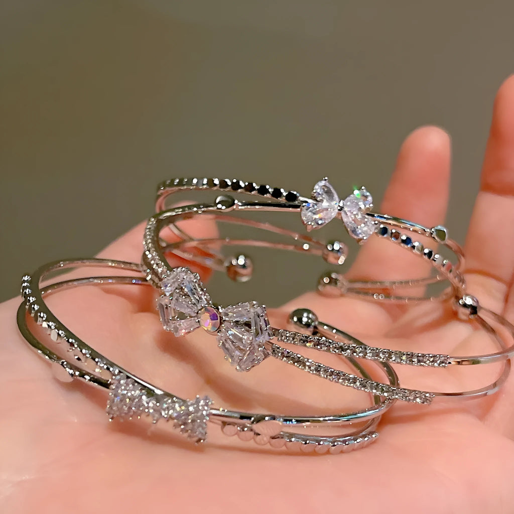 Women's silver electroplated copper bow bracelet with zircon stones minimal style