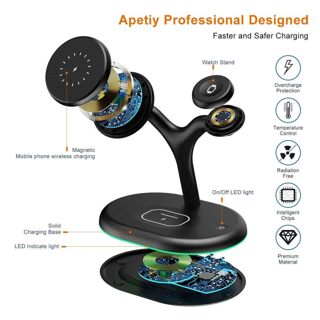 Black multifunctional three-in-one magnetic wireless charger on a table