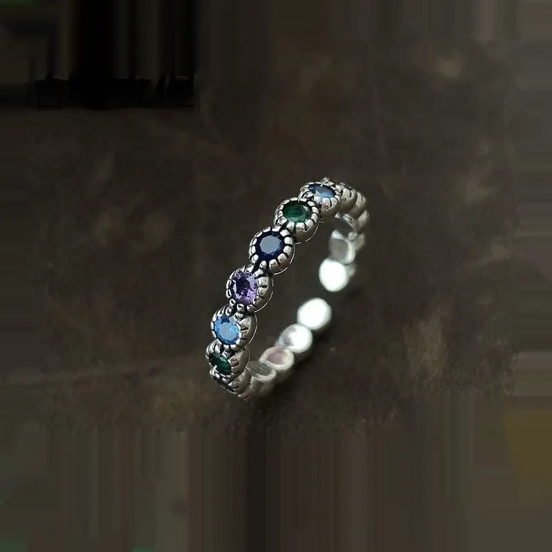 Women's adjustable zinc alloy ring with colourful round zircon stones in retro silver finish