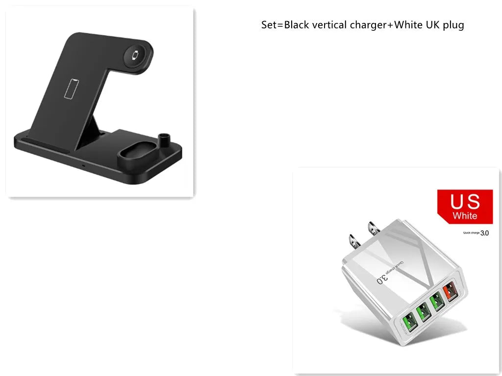 A white 4-in-1 wireless charger folded flat, showing charging pads for phone, Apple Watch, AirPods, and Apple Pencil.