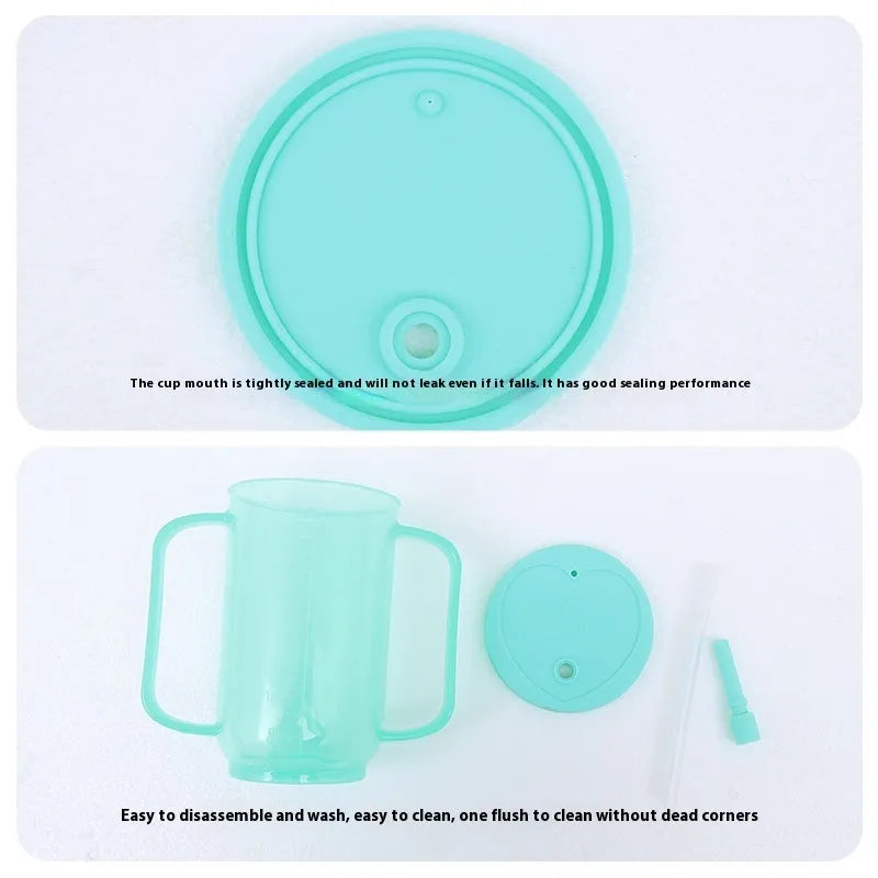 Adult angled spout anti-choke drinking cup with handle and lid, shown with optional wrist splint attachment