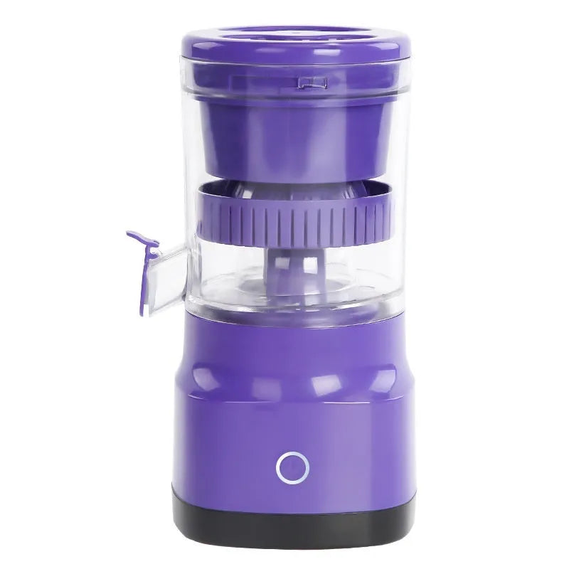 Purple USB rechargeable electric citrus juicer with cone-shaped filter and 400ml capacity container