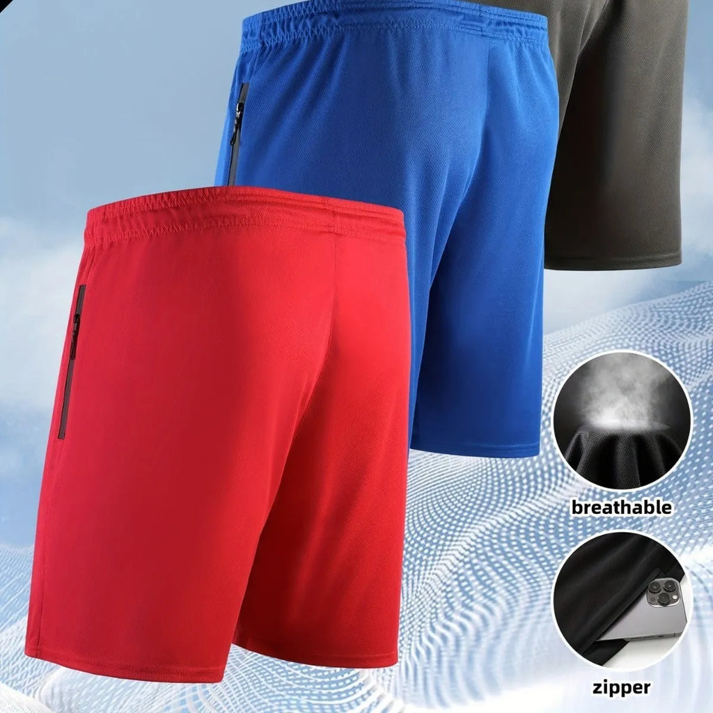 Men's quick-drying polyester cotton blend outdoor training shorts with zipper pocket, five-point length, mid waist, colour black, side view