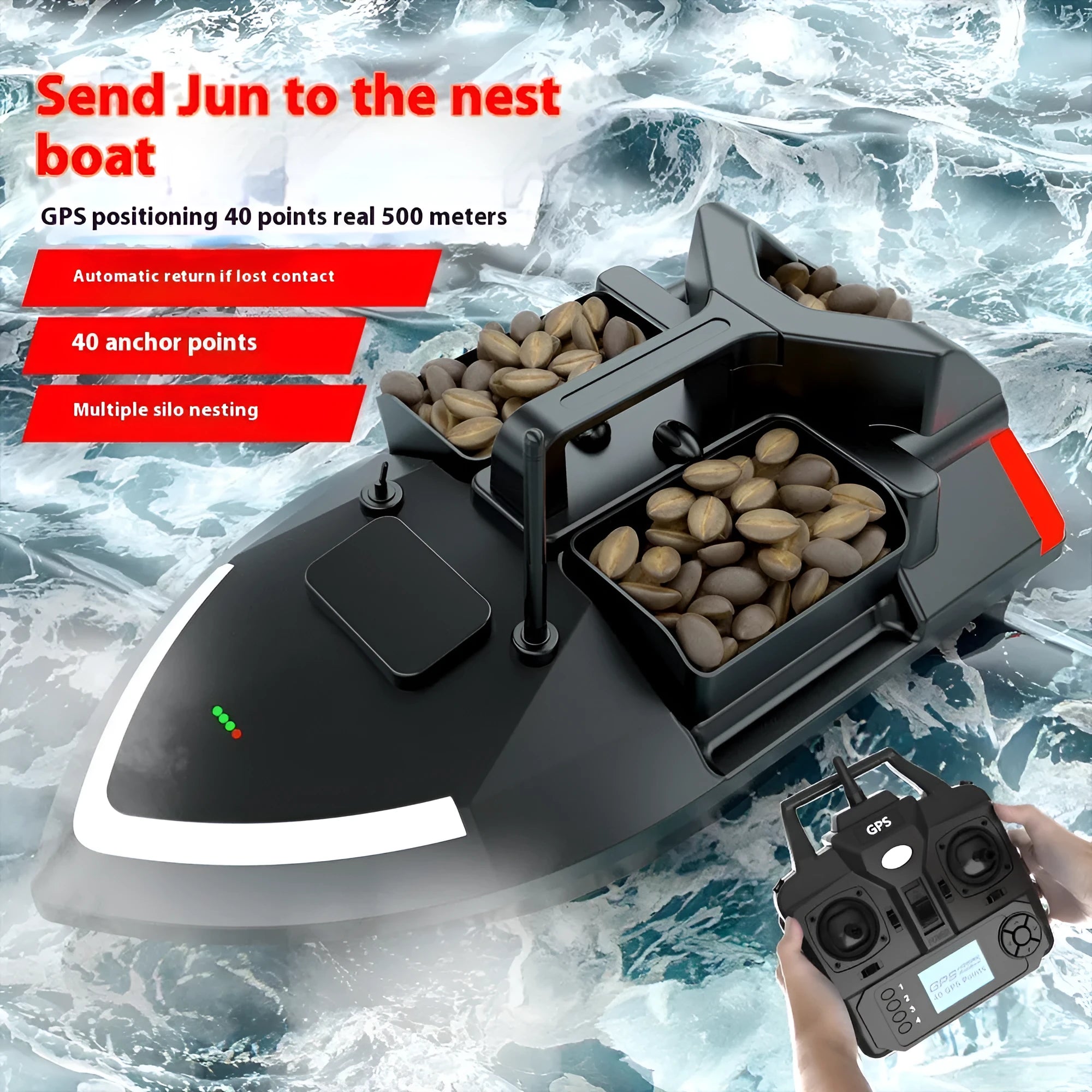 Yellow remote control fishing boat with GPS antenna on a calm lake at dusk, LED lights illuminated.