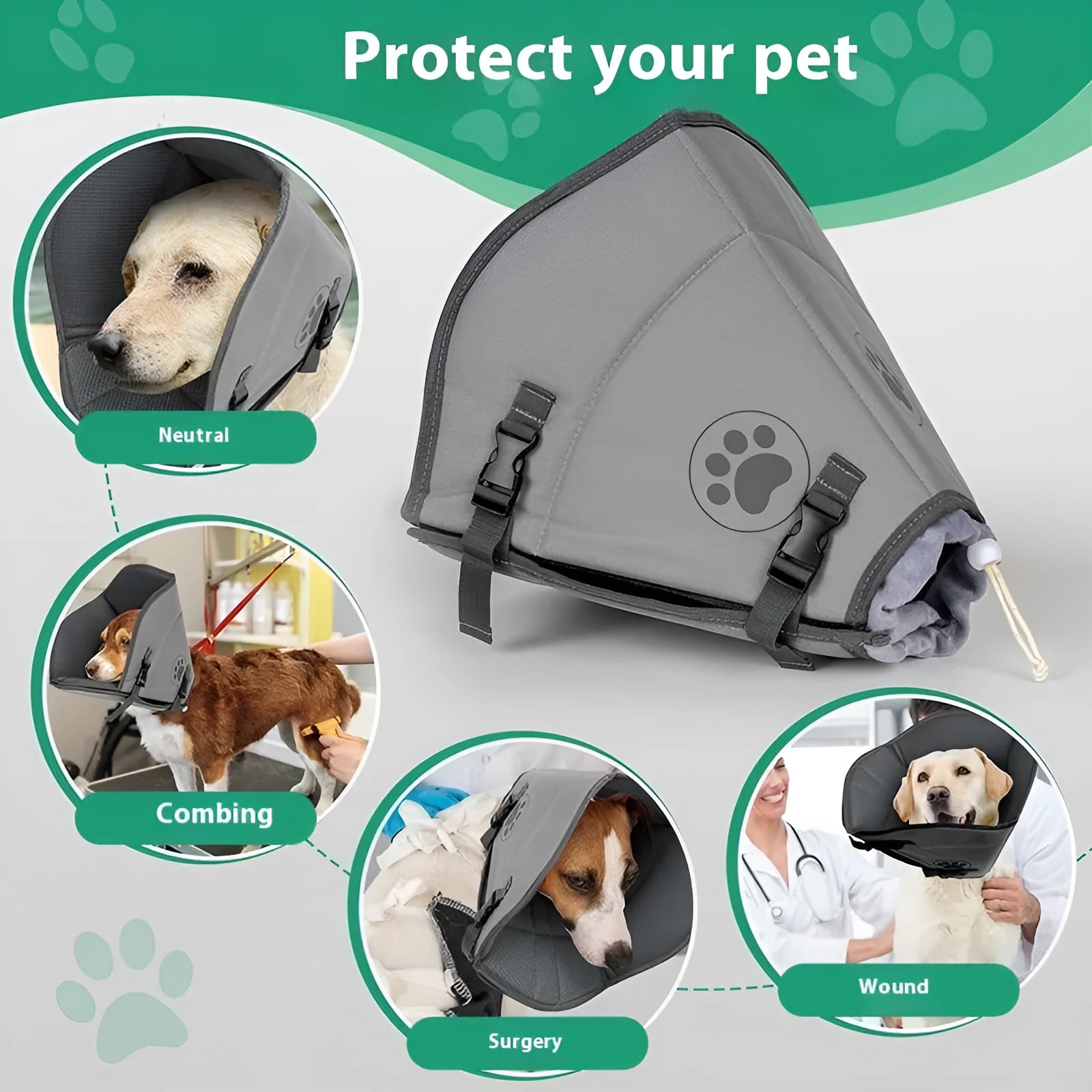 Soft, adjustable polyester recovery collar ring for dogs and cats post-surgery, shown in beige on a table.