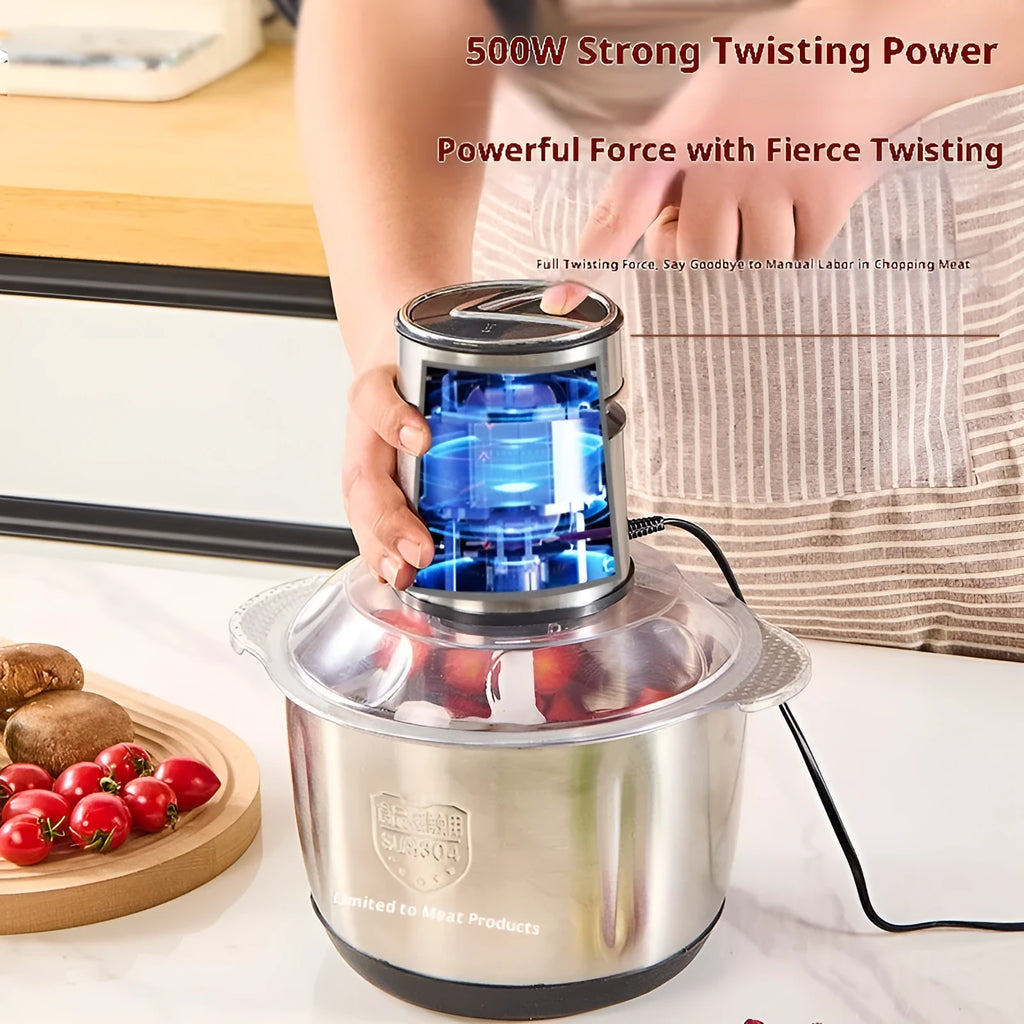 Electric meat grinder with stainless steel body and 3 L glass bowl, button digital display or touch screen