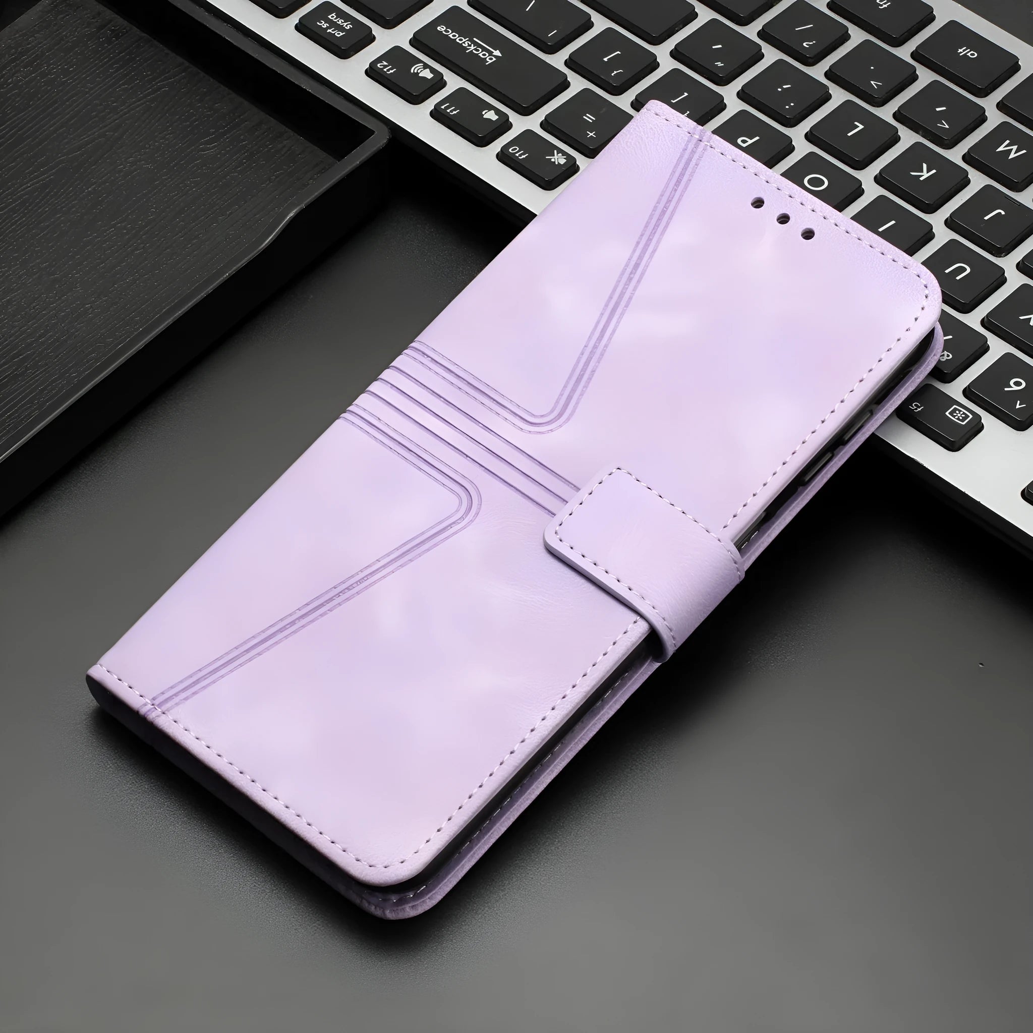 Flip card leather case for Samsung S24 Ultra in blue with embossed geometric lines and short hand strap