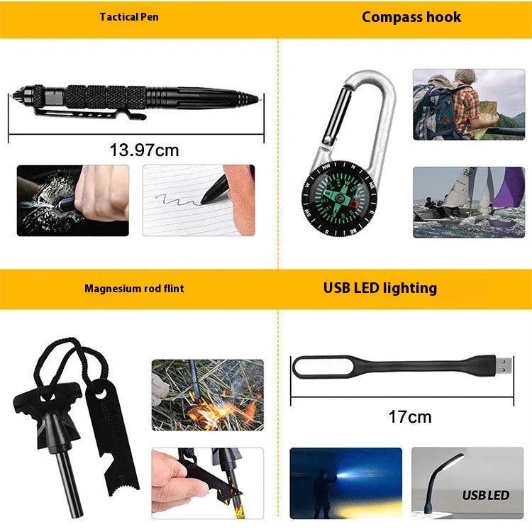 60-in-one outdoor survival tool kit in black and silver case measuring 21x11x5.5cm