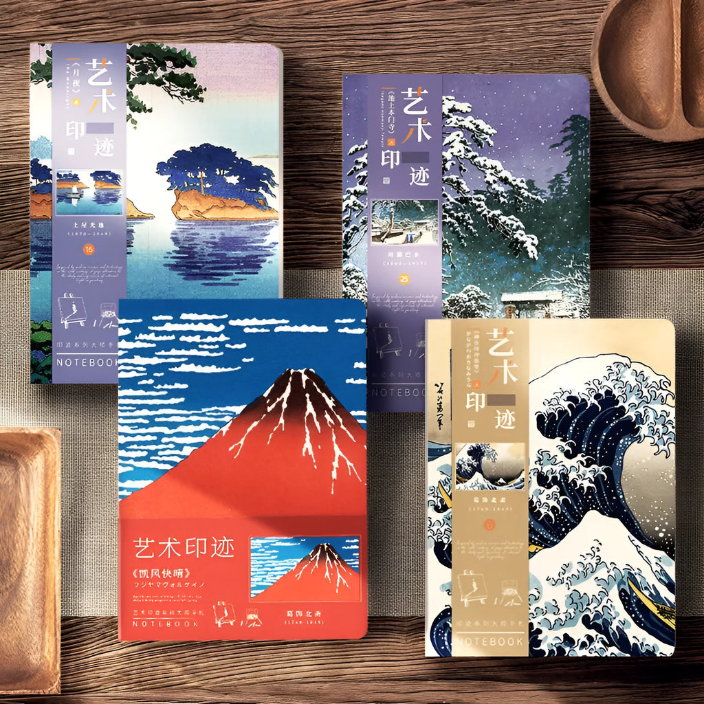 Ukiyo-e Kanagawa wave design hand ledger notebook showing paper cover artwork and A5 dimensions