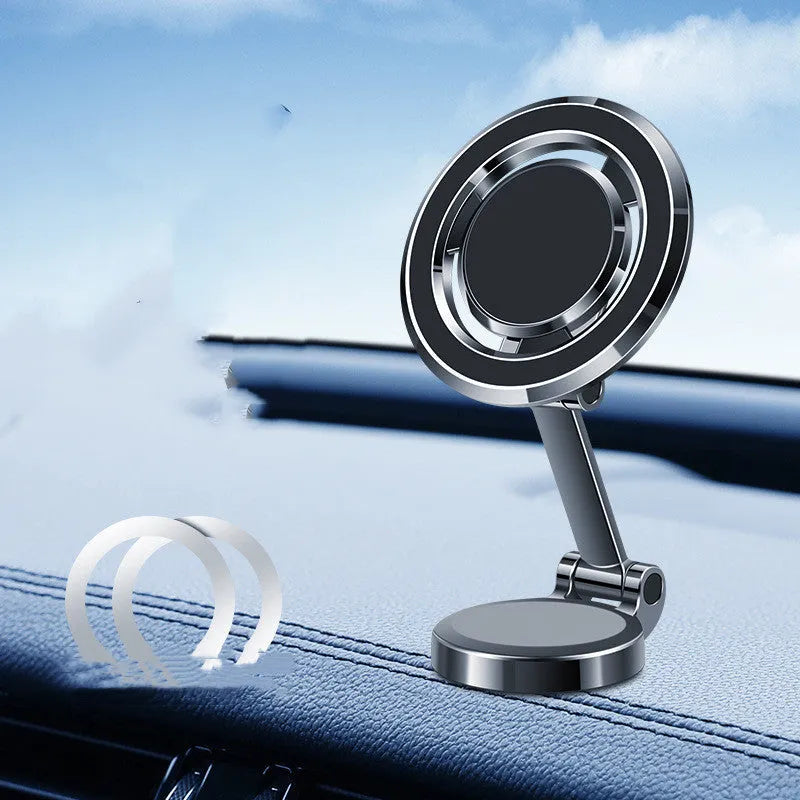 Car mobile phone holder with magnetic mount and flexible 360-degree rotation bracket on dashboard