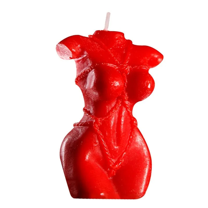 Soy wax low temperature novelty candle in a bikini shape, shown in rose red, spring pink, and lilac purple colours.