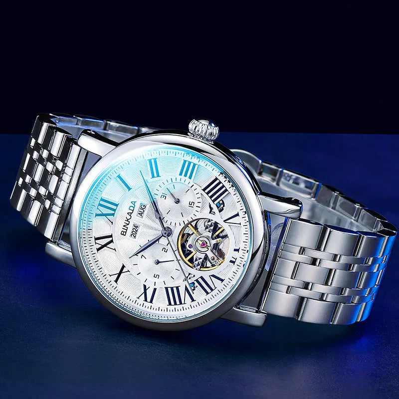 Men's automatic waterproof watch with stainless steel bracelet in business styling