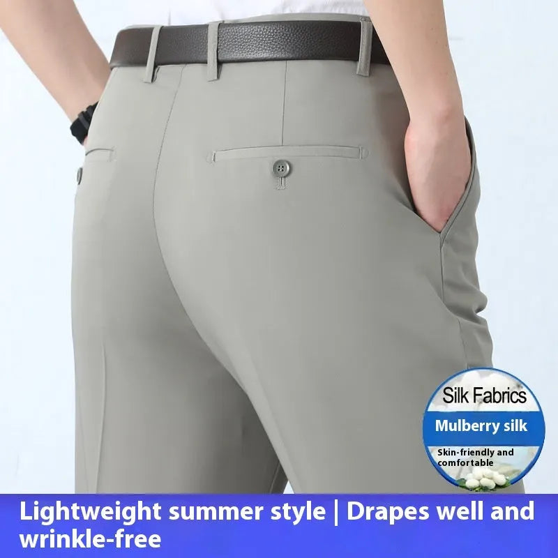 Men's straight cut business trousers in mulberry silk blend fabric with high waist design
