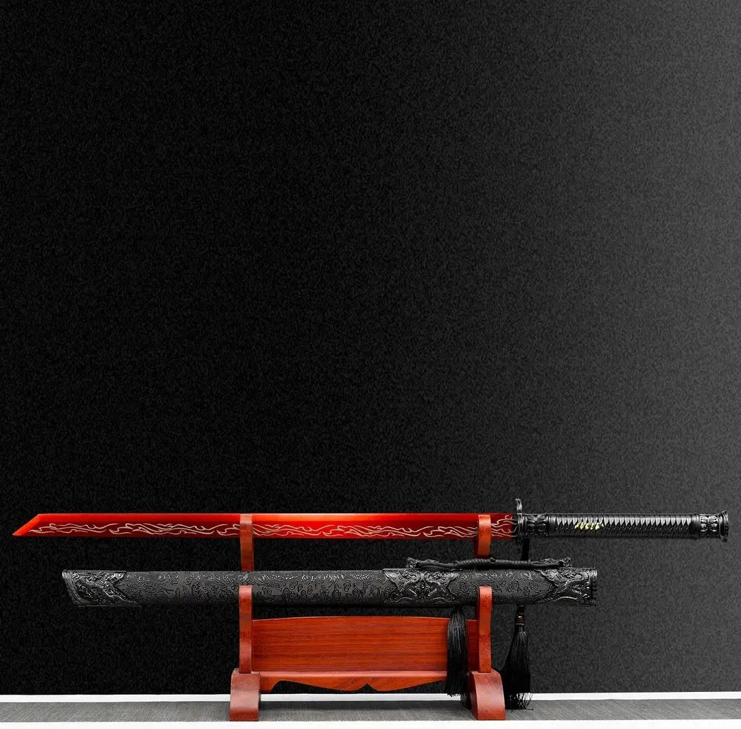 Blazing Flame Tang Dynasty horizontal sword with 65 manganese steel blade, 110 cm overall length, unsharpened, solid wood scabbard