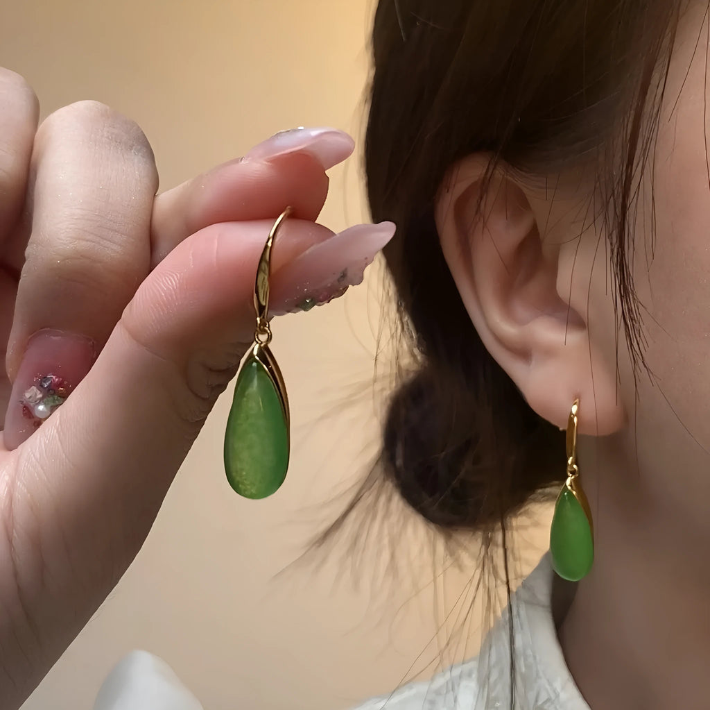 Geometric water droplet Chinese style earrings with CP798 jade colour electroplated finish
