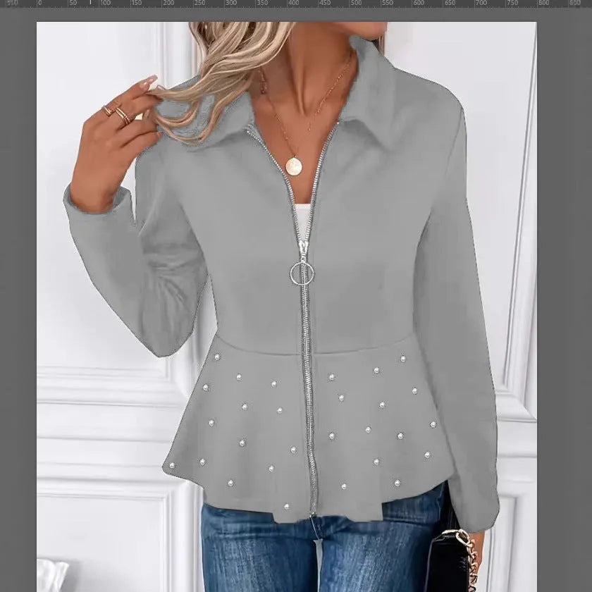 Women's black coat with heavy-duty zipper and ruffled hem, loose fit with long sleeves