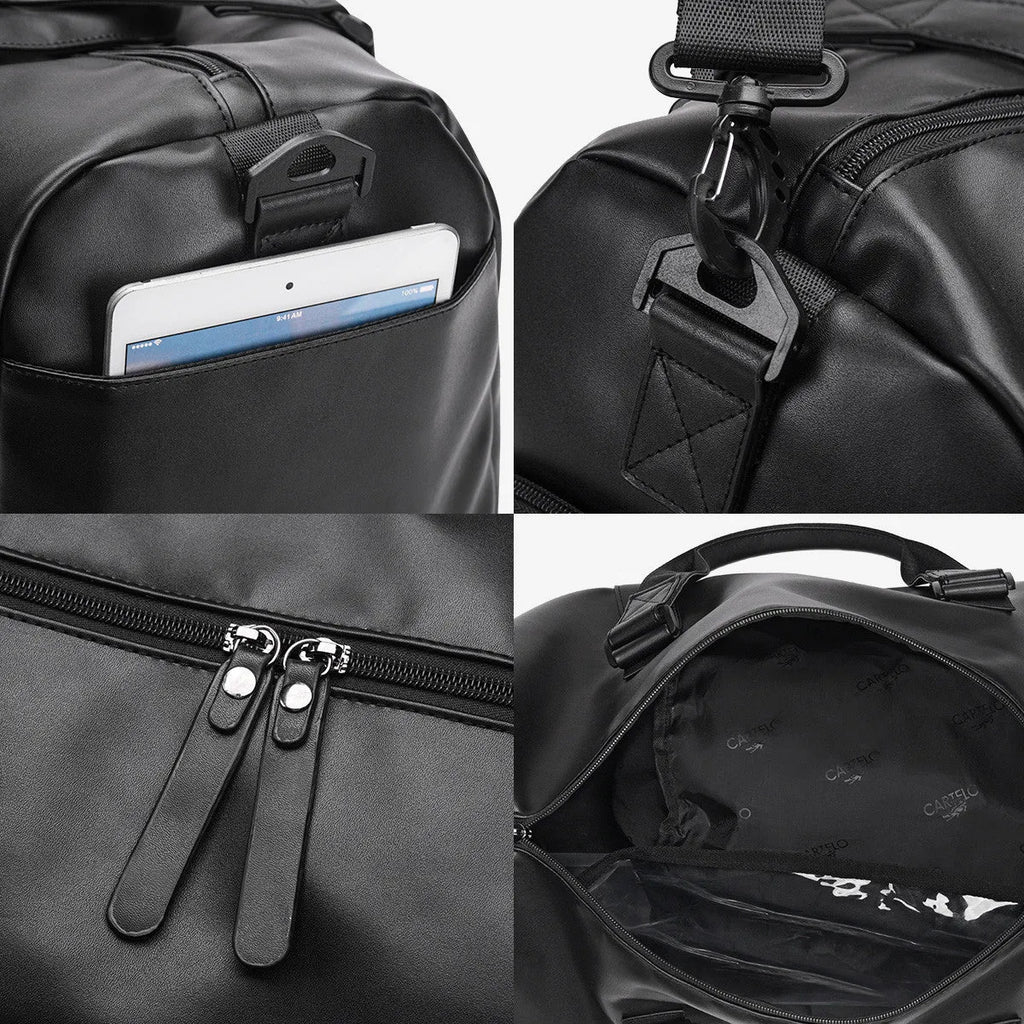 Chaomen black PU leather fitness bag 50cm wide with soft handle and shoulder strap