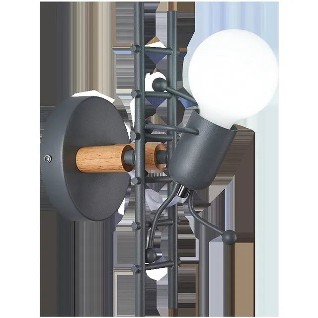 Retro LED wrought iron villain climbing stairs wall light, 170 x 120 mm, in black, green, grey, or white.