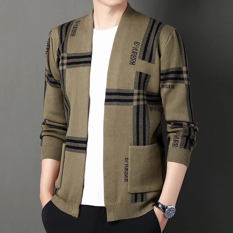 Men's camel and black slim fit long-sleeve knitted cardigan sweater coat with zipper on model