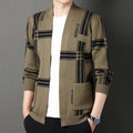 Men's camel and black slim fit long-sleeve knitted cardigan sweater coat with zipper on model
