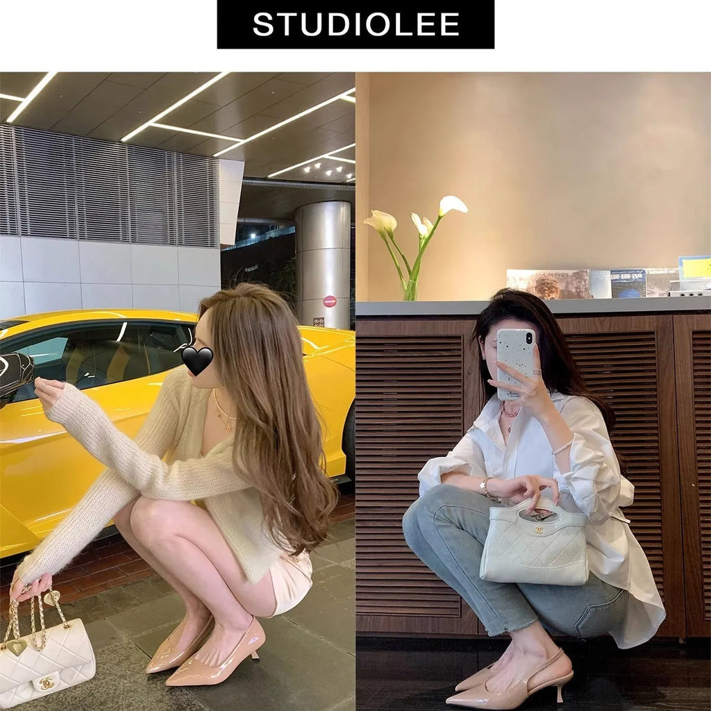 Women's pointed-toe mid heel stiletto pumps in nude or black microfiber, sizes 34-42, shallow mouth design