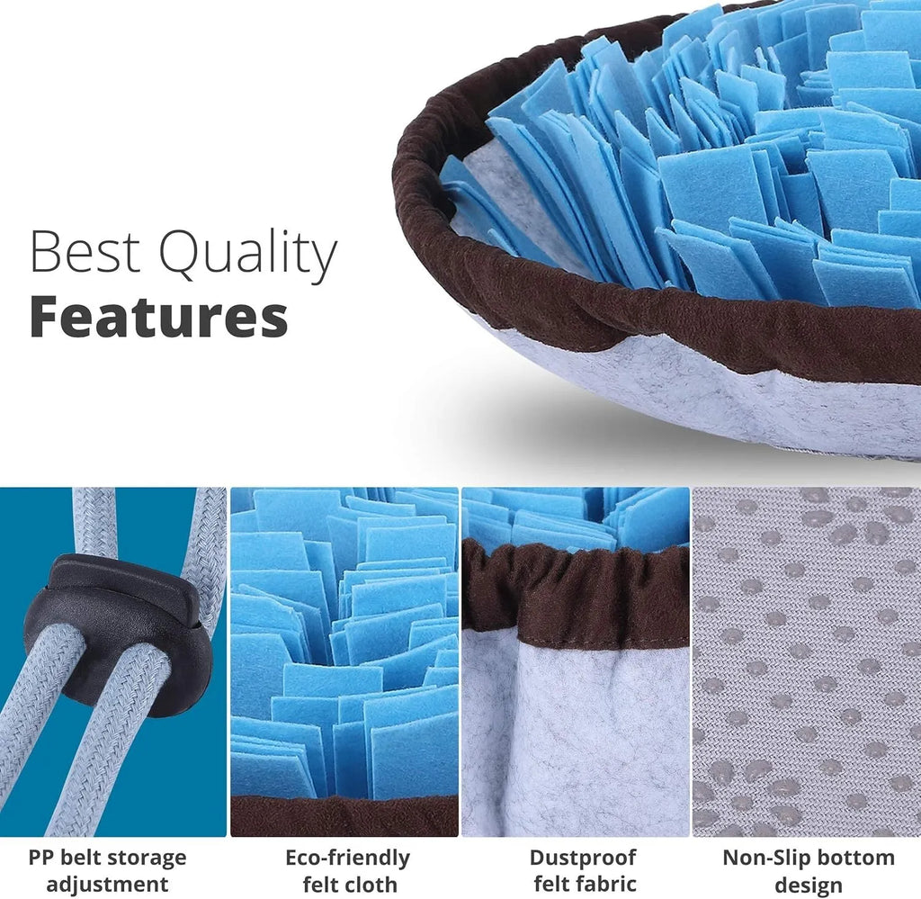 Blue and green adjustable fabric snuffle mat for dogs used as a slow feeder puzzle toy.
