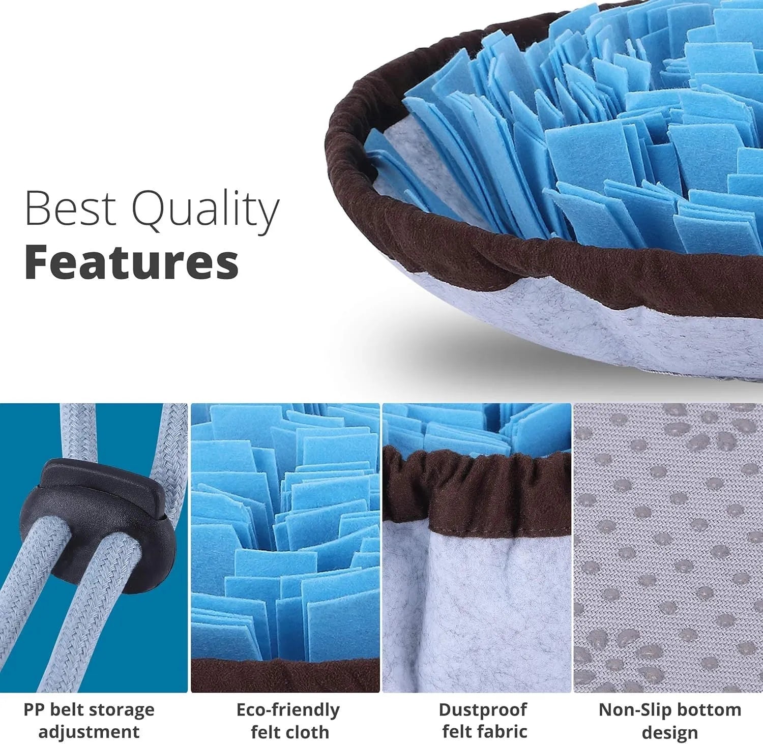 Blue and green adjustable fabric snuffle mat for dogs used as a slow feeder puzzle toy.
