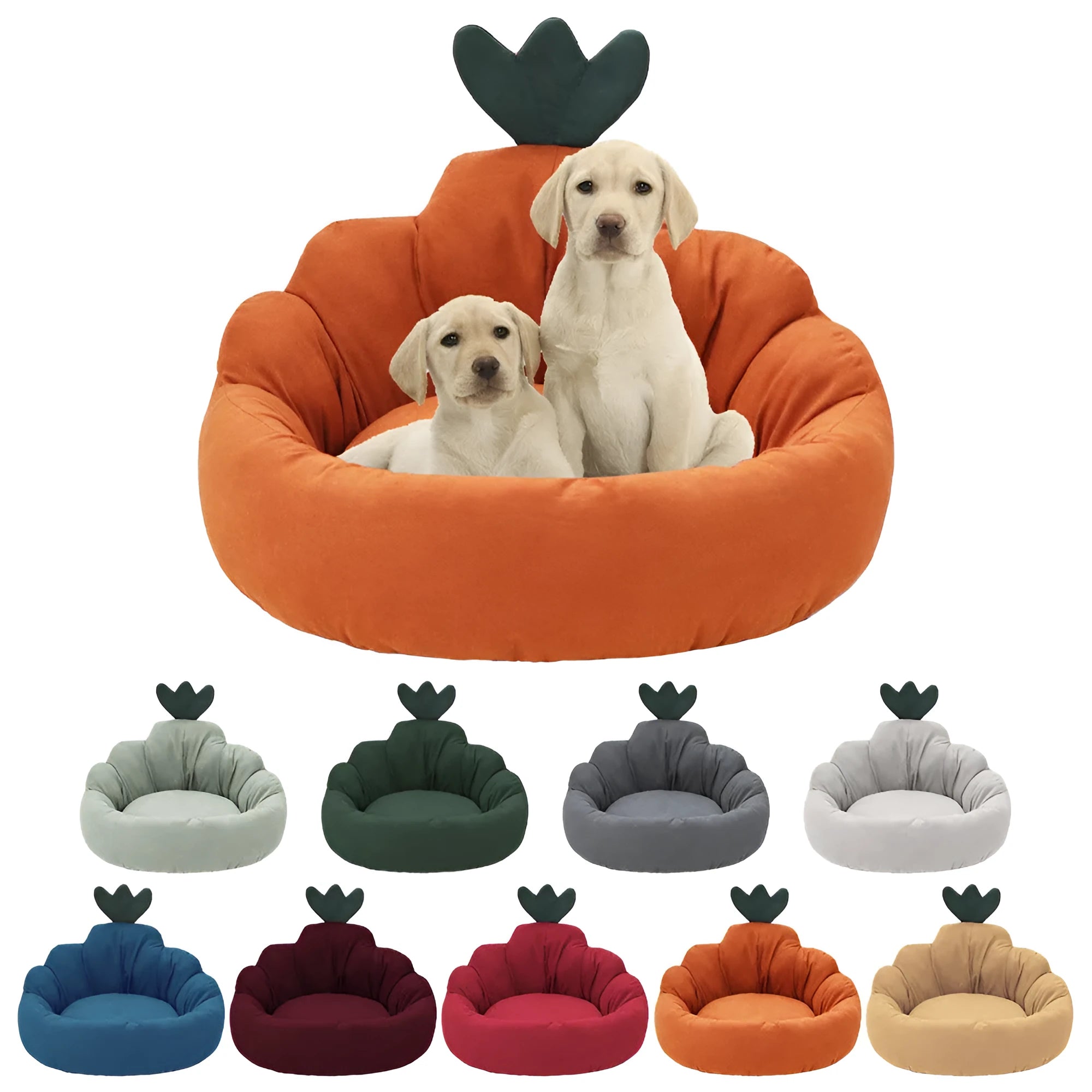 Carrot-shaped kennel bed for small and medium dogs in plush fabric, available in multiple colours and sizes S M L