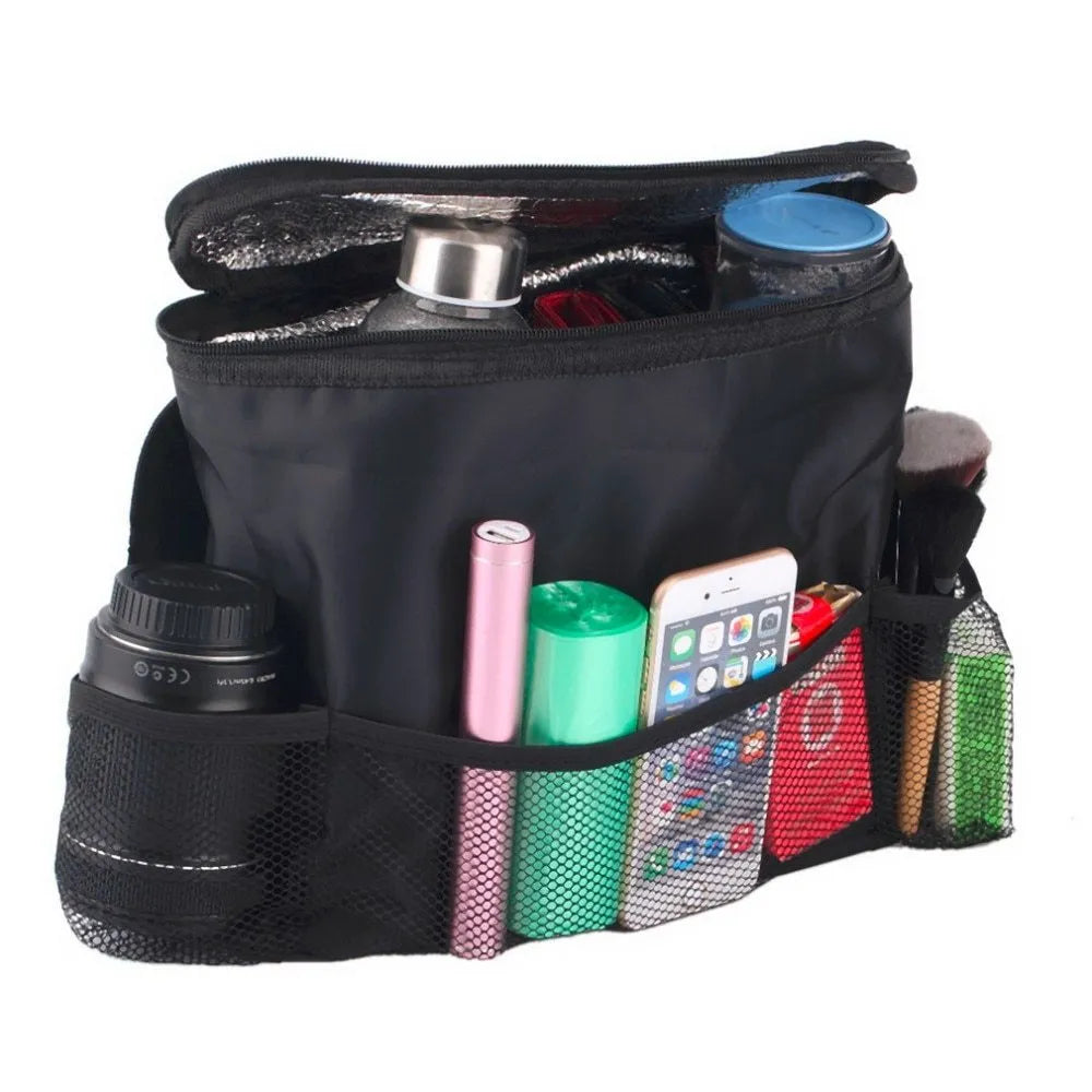 Universal car seat back multi-pocket storage organiser in black nylon with adjustable straps