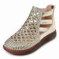 Women's gold and white flat sandals with hollow-out design and round toe