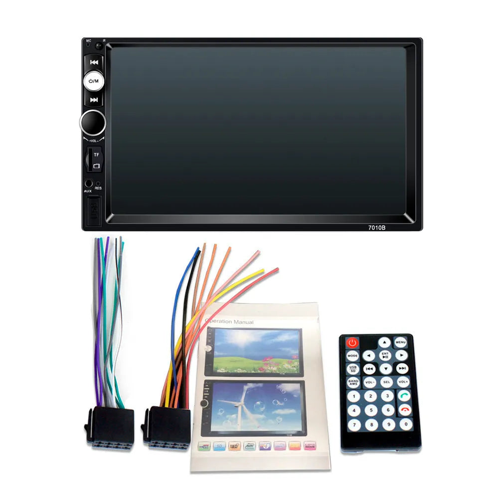 Front view of a 7-inch HD Bluetooth car stereo unit with touchscreen display