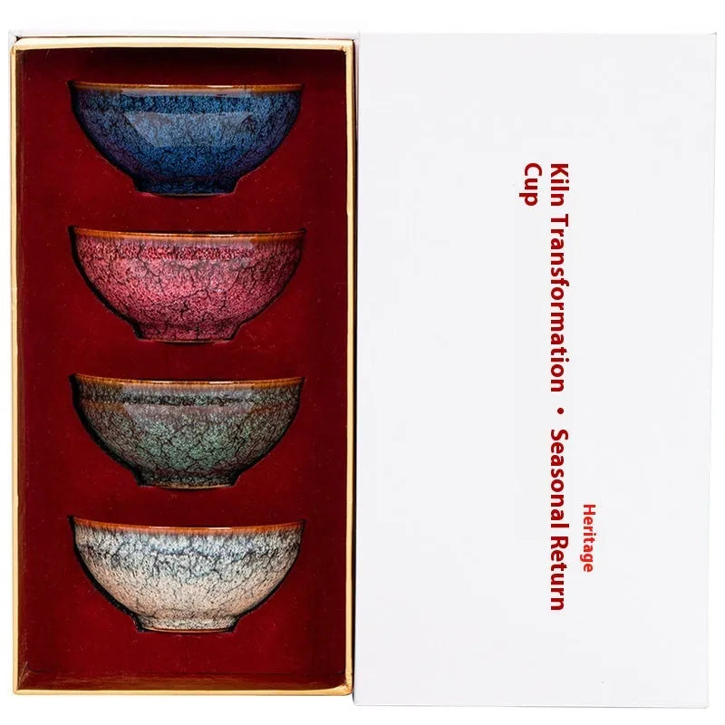 Ceramic Kung Fu tea cup set with four matching cups in light colour gift box