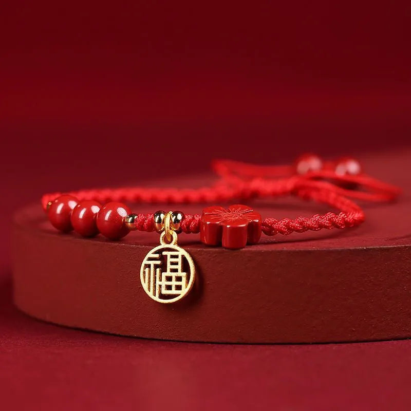 Cinnabar exam luck bracelet with braided rope in black, red or wine red with blessing card charm