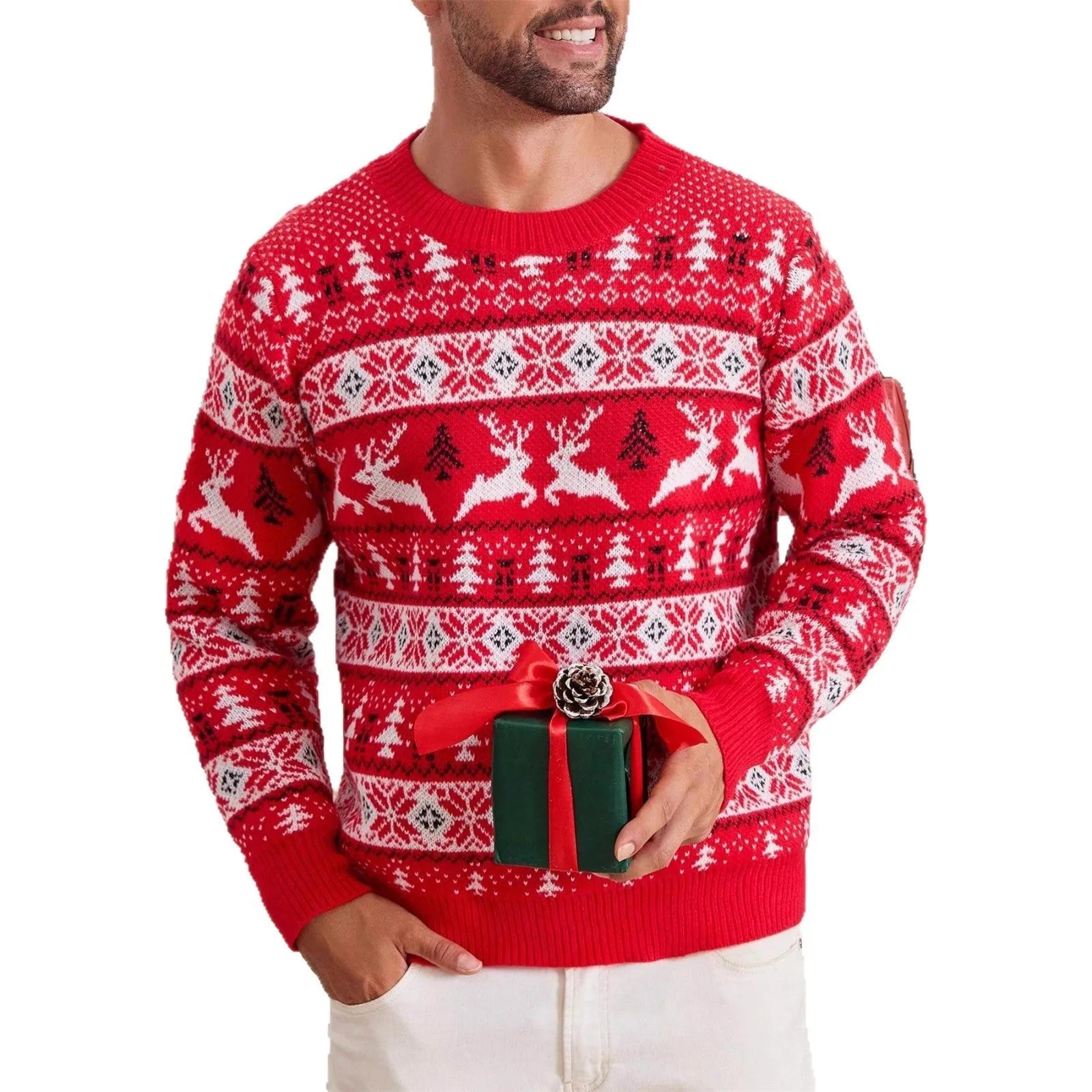 Men's loose jacquard Christmas sweater in red with round neck and long sleeves