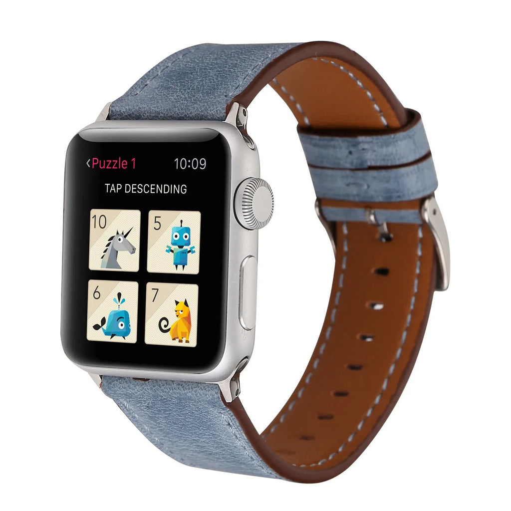 Genuine leather watch strap with a folding buckle, shown in one of six available colours.